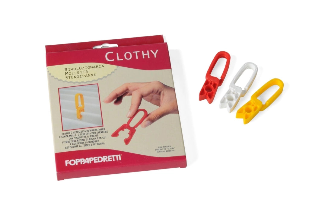 Foppapedretti Clothy Pegs - Set da 12 mollette stendipanni in nylon Mono Splitblocco, 10×20×70 mm, compatibile per uso indoor-outdoor, confezione rosso-Bianco-giallo, senza molla
