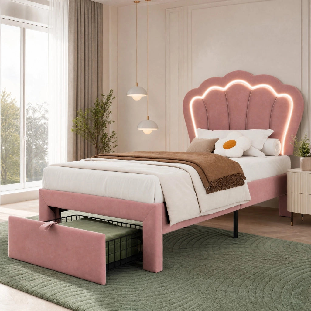 Letto singolo 90x200 rosa con LED RGB, cassetto e rete