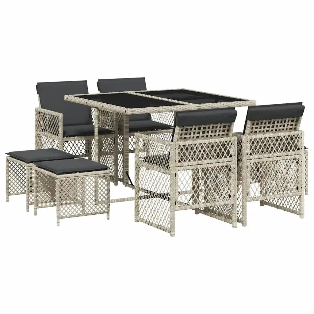 Set Pranzo da Giardino 9pz | Set Salotto da Giardino con Cuscini Grigio Chiaro Polyrattan