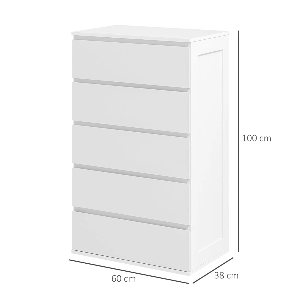 Cassettiera 5 Cassetti  con Maniglie Scanalate 60x38x100 cm in Legno Bianco