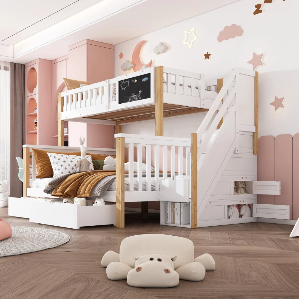Letto a castello per bambini con lavagna e cassetti 90/140x200 cm; bianco e rovere chiaro in legno massiccio