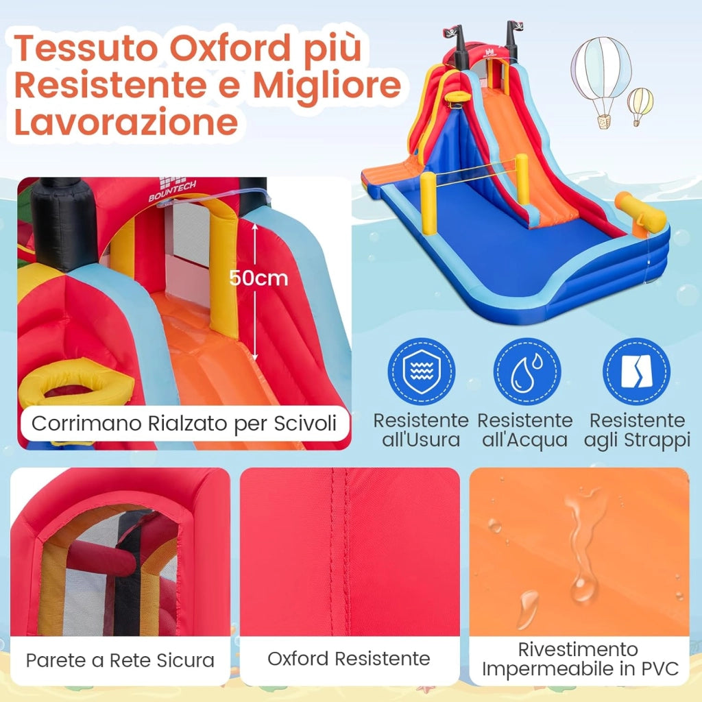 Parco Acquatico Gonfiabile 5-in-1, Castello Gonfiabile con Campo da Gioco, Gonfiabile per Bambini con Canestro da Basket, 484 x 271 x 263 cm (Senza soffiatore)