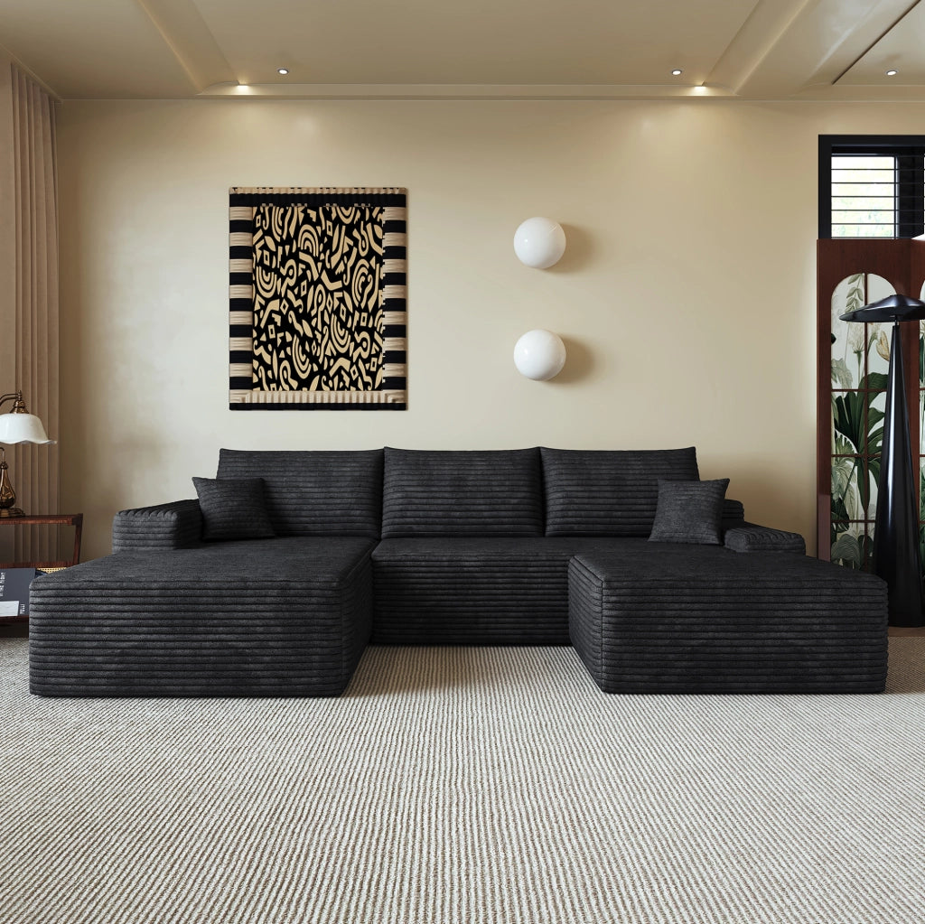 Divano in velluto a coste rigato nero 270 × 175 × 83 cm
