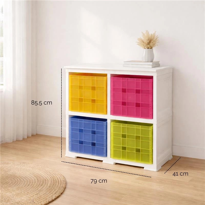 SCAFFALE 2 MODULI ANGORA 79X41X85,5 CM CON 4 CONTENITORI CUBO A SCORRIMENTO – LIBRERIA ORGANIZZATORE PER CAMERETTA E ZONA CREATIVA
