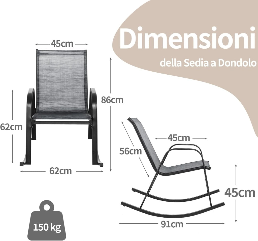 Sedie a Dondolo da Giardino 2 Pezzi, Dondoli da Esterno Ergonomici in Textilene Traspirante e Movimento Dolce, Sedie Dondolo da Balcone Terrazzo Giardino, Portata 150 kg (Grigio)