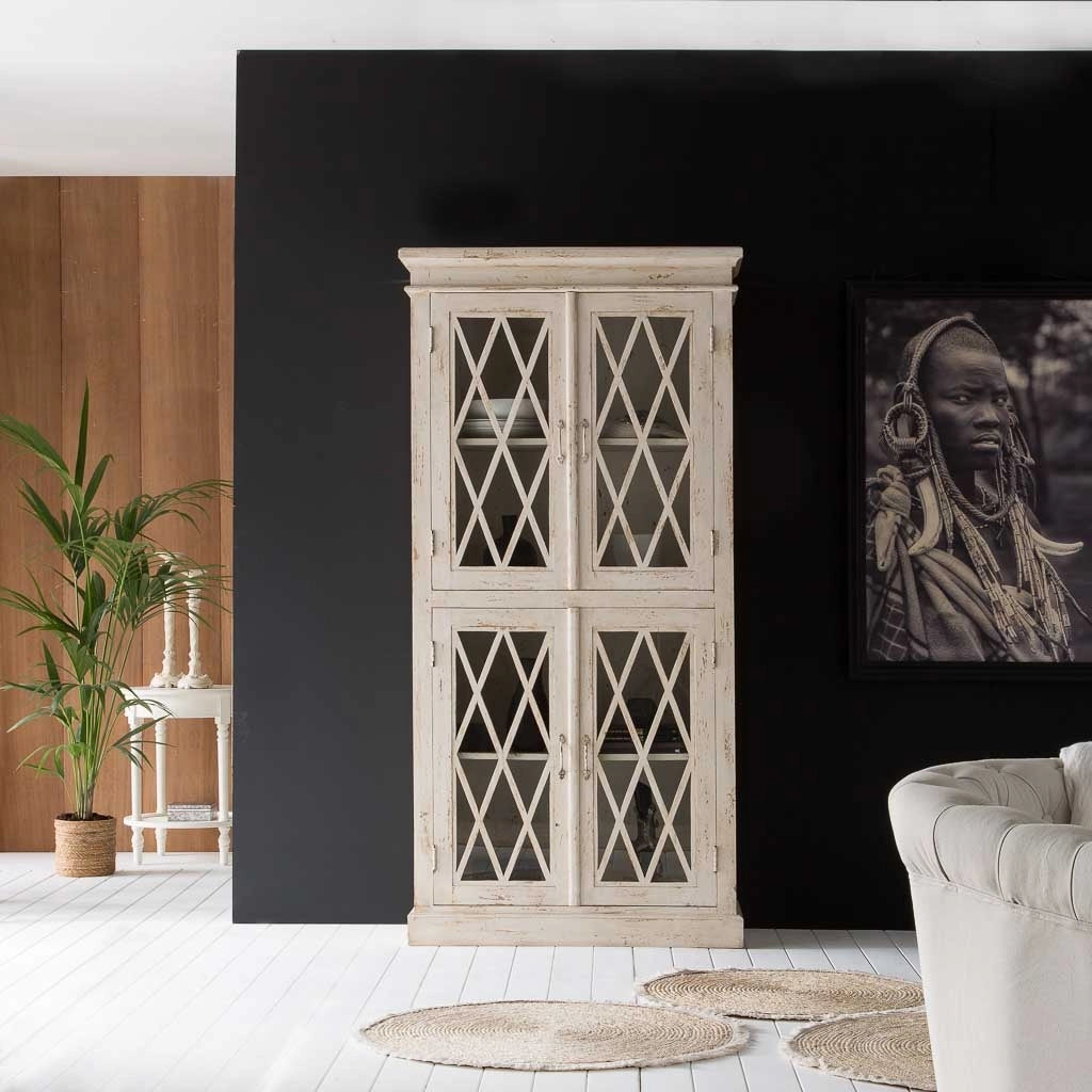 Vetrina in legno e vetro beige fatta a mano 90x40x183