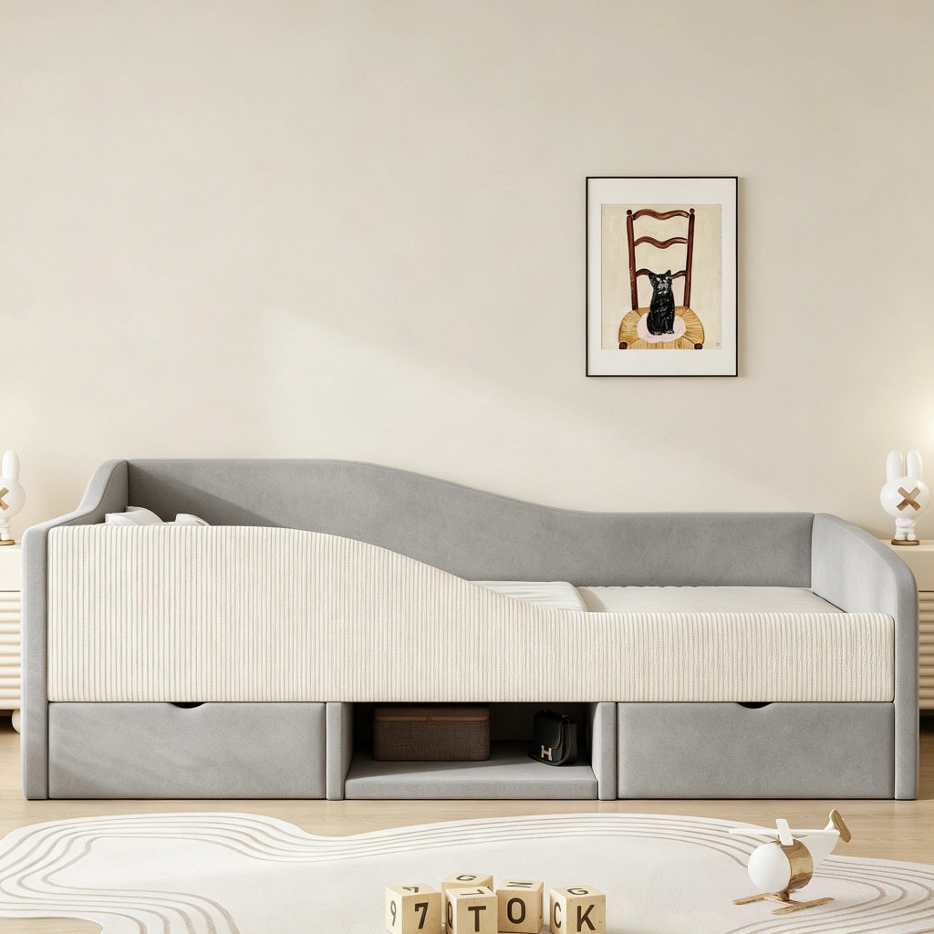 Letto per bambini 90 × 190 cm con barriere di sicurezza, 2 cassetti, vano aperto e porta scarpe, senza materasso, grigio