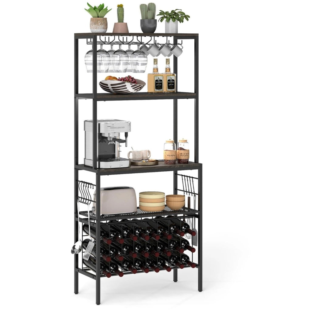 Scaffale multi-livello con portabicchieri e porta tazze per microonde per cucina-Organizer per vini con presa di corrente Marrone