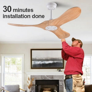 Ventilatore da soffitto con 3 pale in legno; telecomando e motore DC; bianco e legno naturale