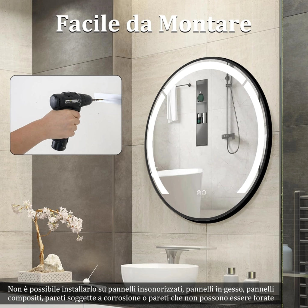Specchio da Bagno LED Rotondo da 60 Cm, Specchio da Toeletta con Cornice in Alluminio, Funzione Antifog, 3 Colori di Luce e Luminosità Regolabile, Specchio Smart da Montare a Parete