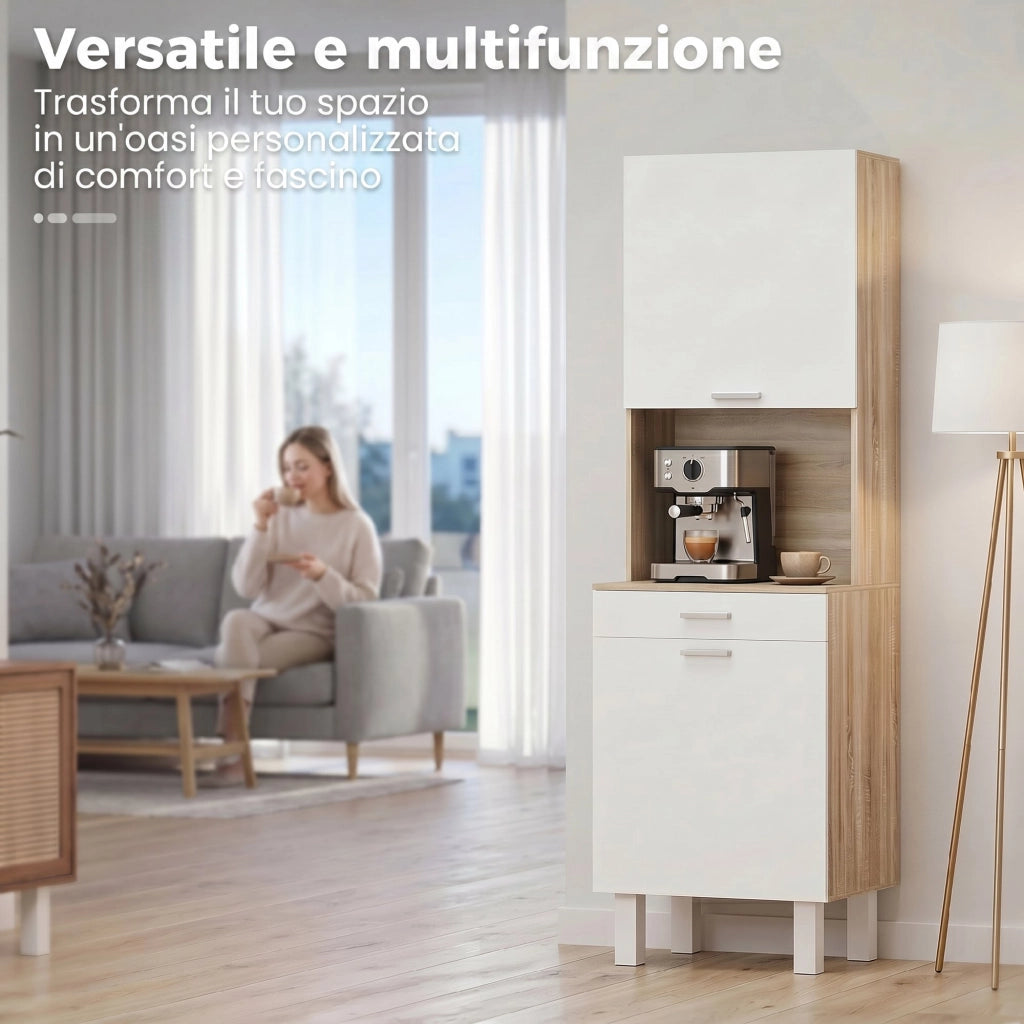 Credenza da Cucina 55x40x175 cm con Ripiani Aperti 2 Armadietti e Cassetto in Legno e Metallo Bianco e Legno