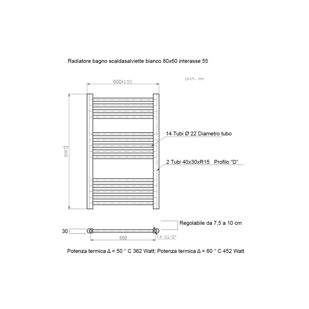 Scaldasalviette termoarredo 80x60 bianco interasse 55 cm idraulico