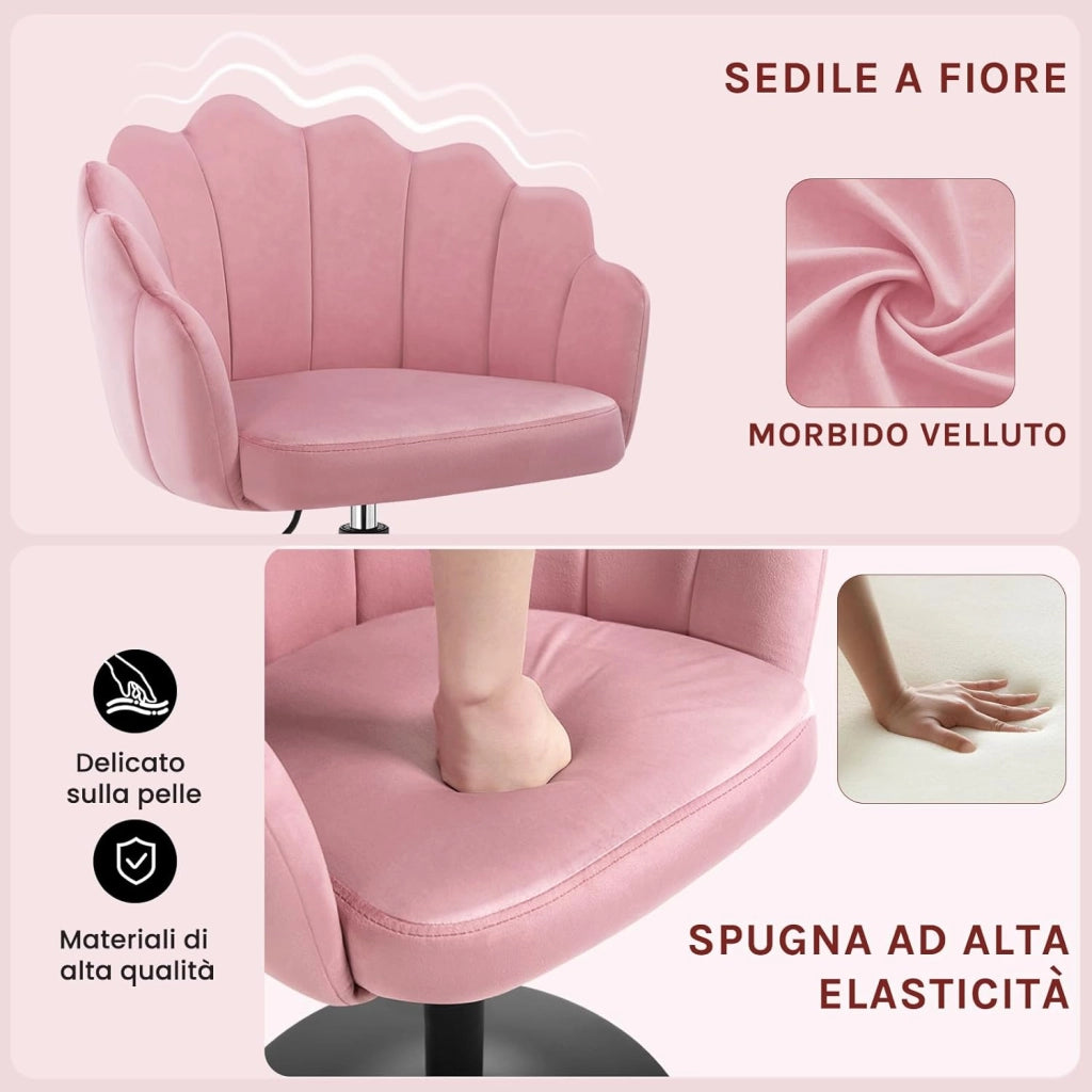 Sedia da Trucco, Poltrona Girevole in Velluto, Regolabile in Altezza per Camera da Letto, Soggiorno, Rosa