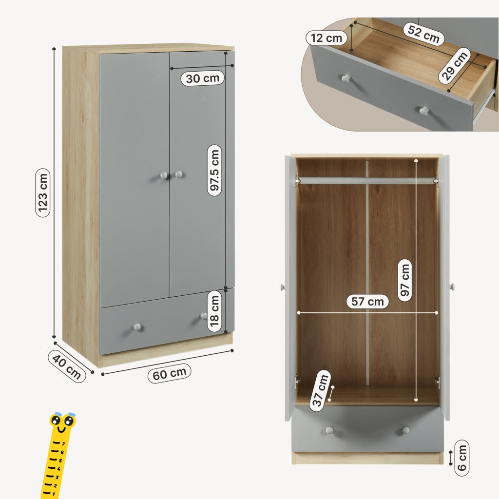 Armadio Beldinupp per Cameretta a 2 Ante e Cassetto 123 x 60 x 40 cm - Effetto Rovere/Grigio [en.casa]