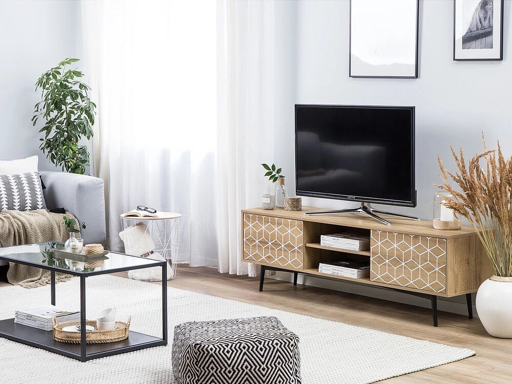 Mobile TV impiallacciato in legno chiaro per TV fino a 60 pollici con 2 armadi e a scaffale aperto