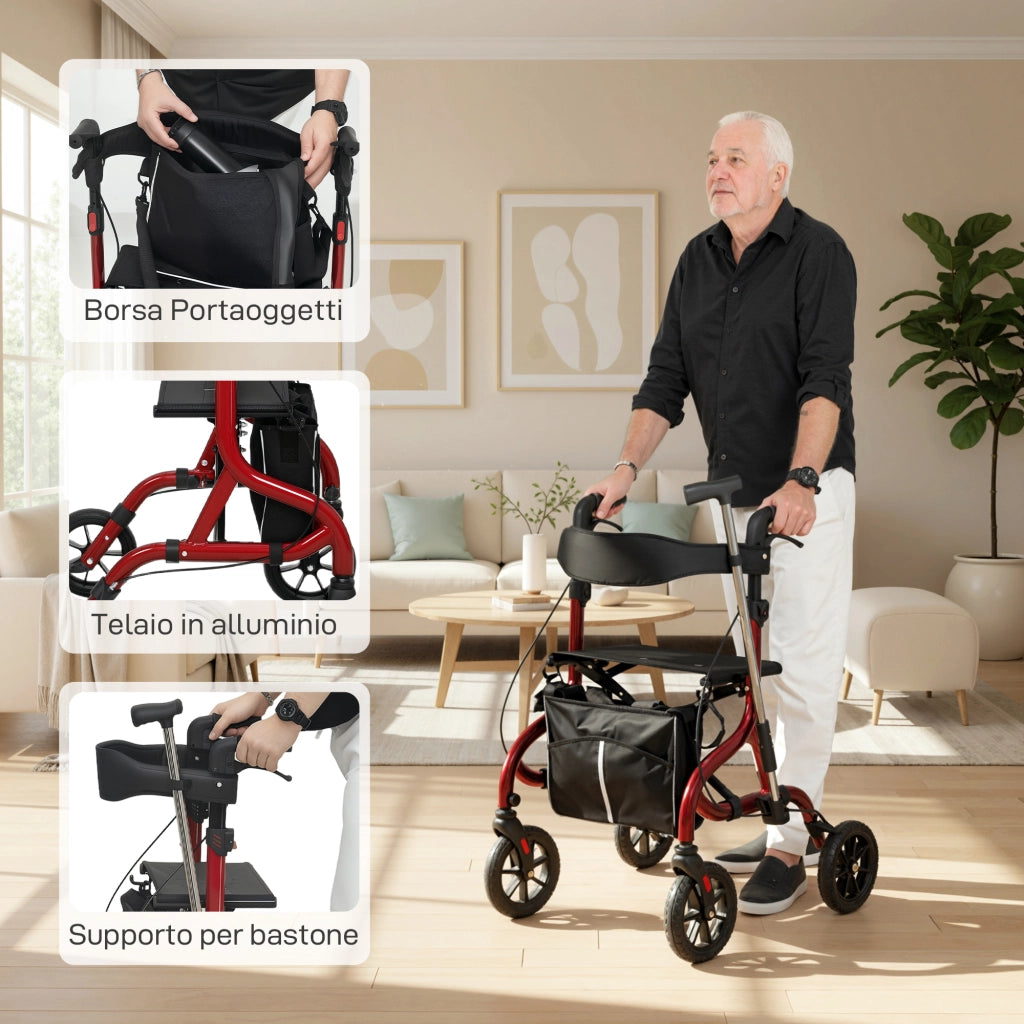 Deambulatore con Seduta e Schienale per Anziani Pieghevole 68x64x85,5-95,5 Altezza Regolabile Borsa e Porta Bastone in