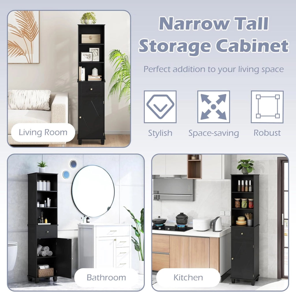 Mobile da bagno alto 172 cm, colonna bagno con 3 ripiani aperti, 1 cassetto, 1 anta e ripiano regolabile, salvaspazio, mobile portaoggetti per cucina, soggiorno (nero)