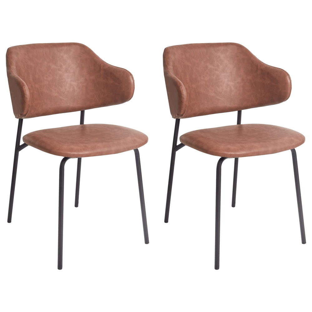 Set di 2 sedie da pranzo Rivestimento in ecopelle marrone Gambe in metallo nero Schienale curvo senza braccioli Design moderno e contemporaneo