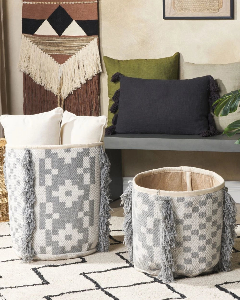Set di 2 cestini in cotone bianco sporco e grigio 40/45 cm di altezza per conservare lo stile rustico Boho