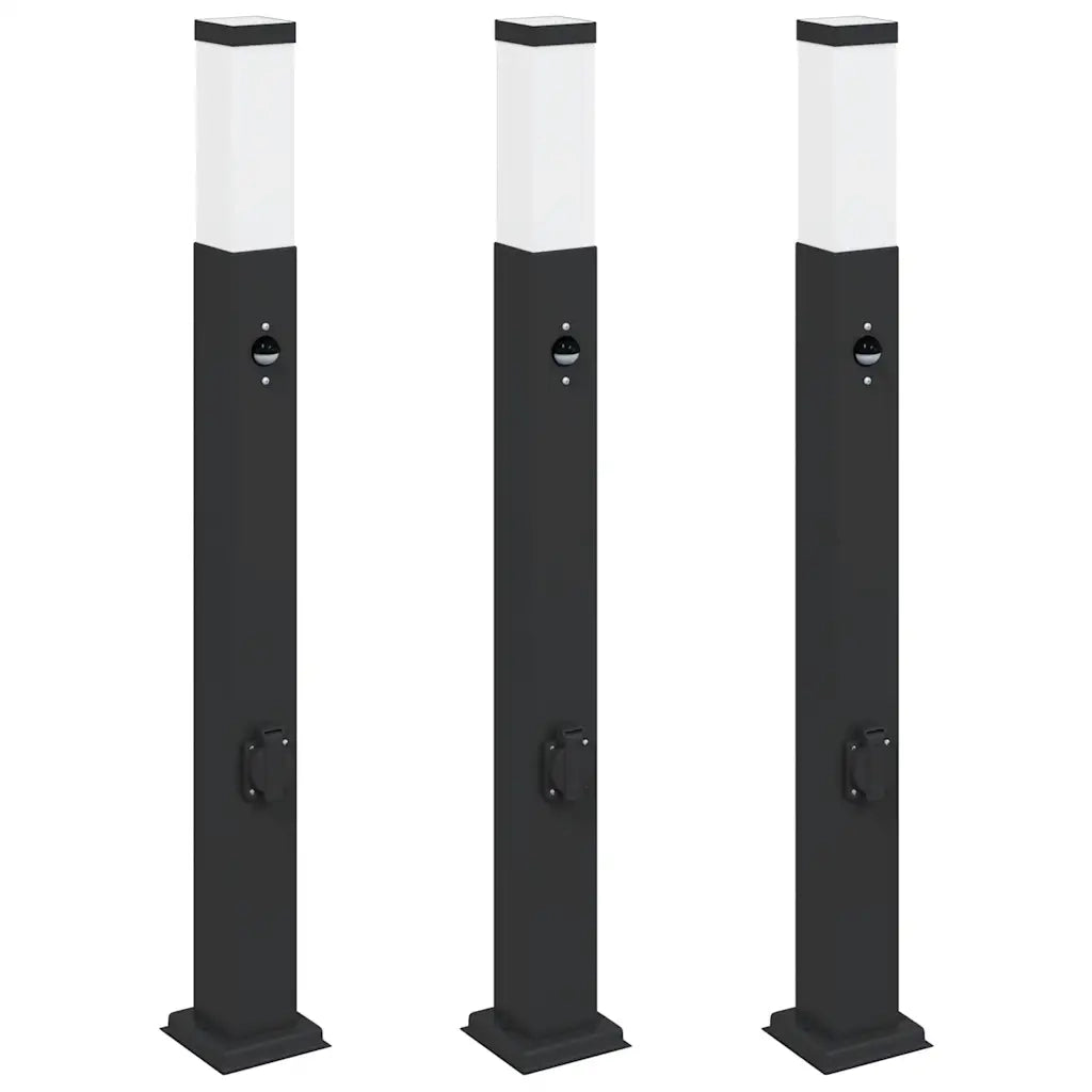 Lampioni a paletto con sensore e presa 3 pz 80 cm neri IP44 4006092