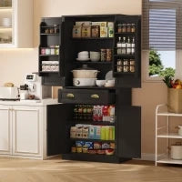 Armadio contenitore moderno con 4 ante e 1 cassetto, 6 ripiani portaoggetti e 4 ripiani regolabili, adatto per cucina, sala da pranzo e soggiorno, 80x40x182 cm, Nero