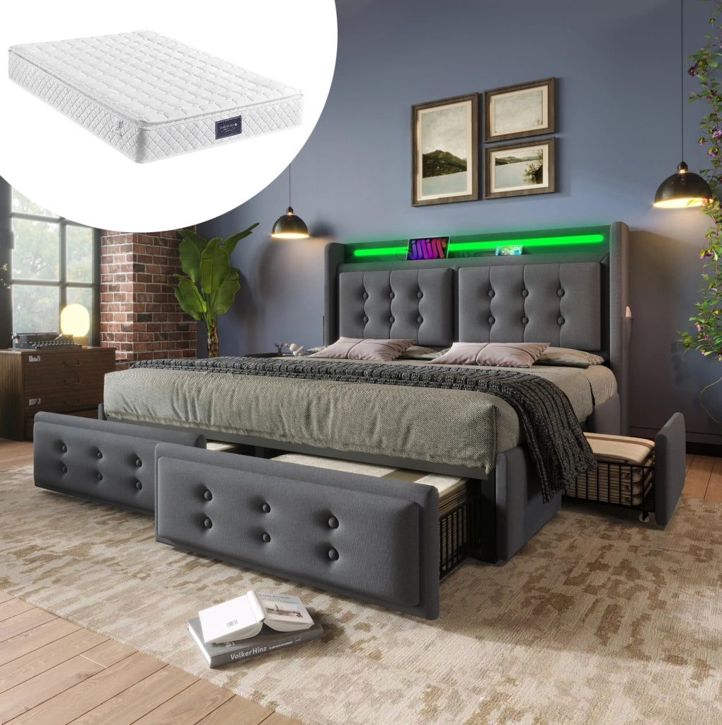 Letto matrimoniale 160x200 cm con contenitore; LED; porte USB e Type-C; 4 cassetti; grigio
