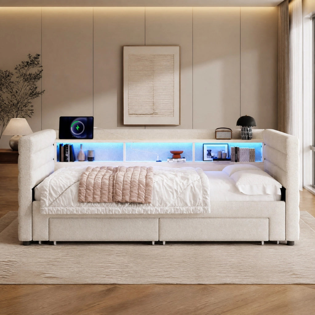 Divano letto estraibile in velluto beige 90 x 190 cm con LED