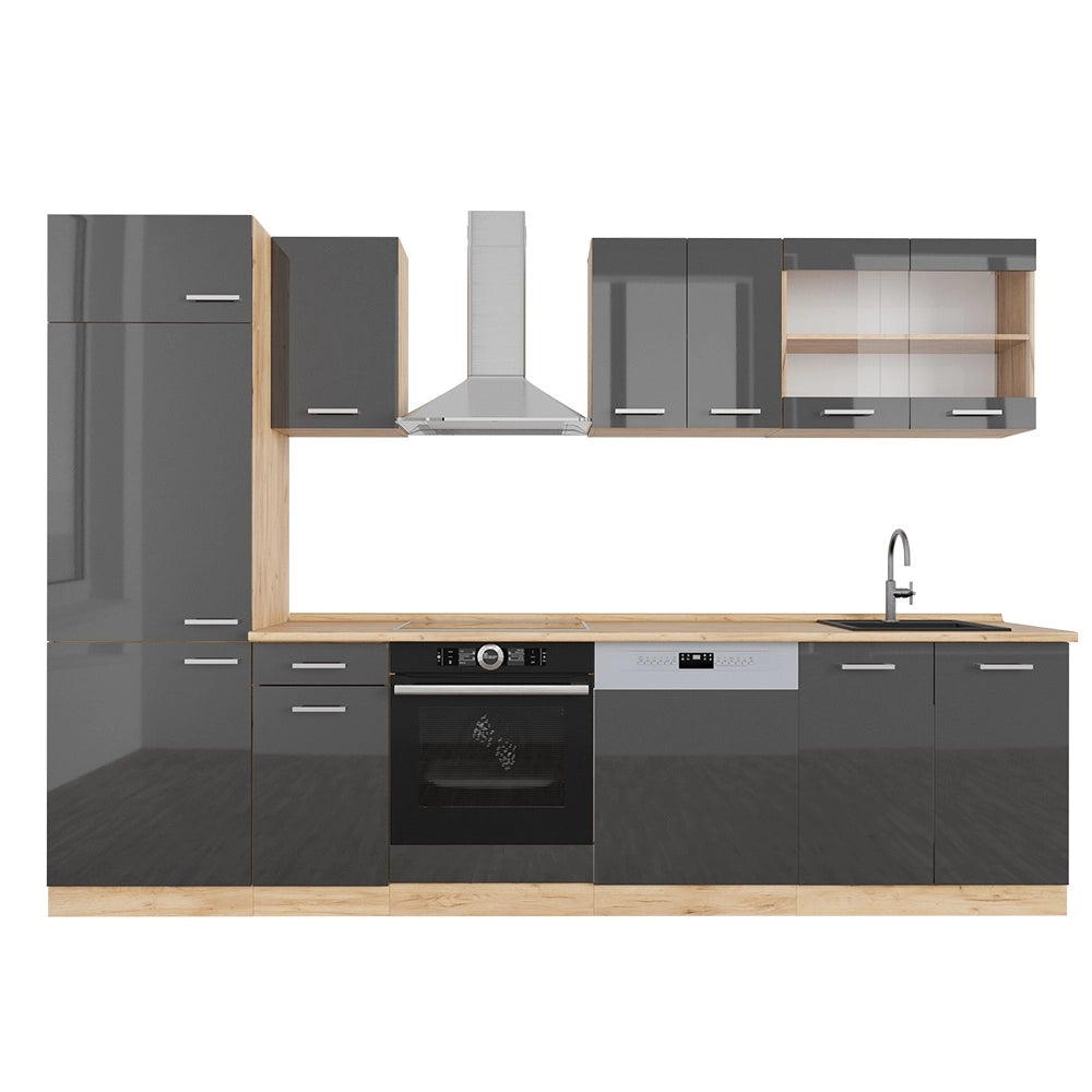 Cucina componibile R-Line Antracite lucido/Rovere dorato 300 cm, PL Rovere Vicco