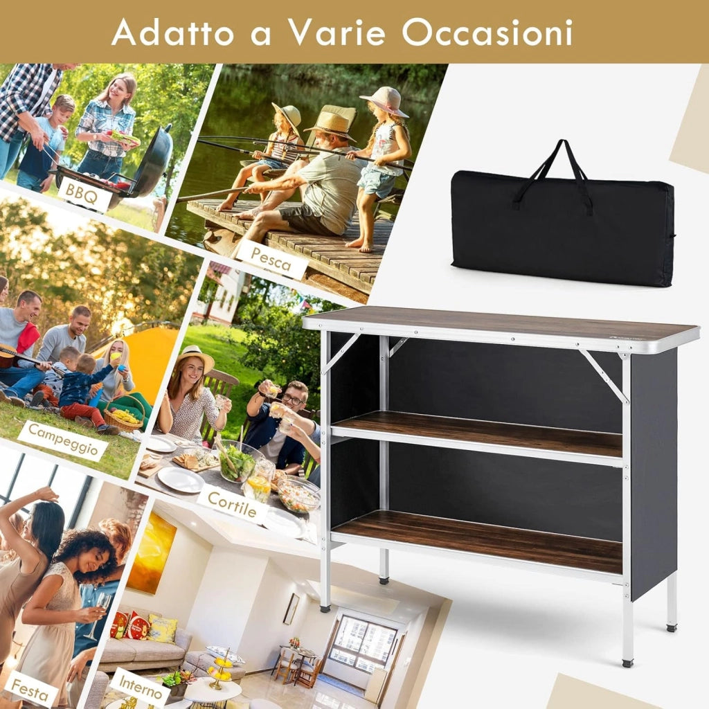 Cucina da Campeggio Pieghevole con Telaio in Alluminio, Mobile da Campeggio con 3 Ripiani e Borsa per Trasporto, Cucina da Esterno per Attività all'Aperto, Picnic e Barbecue (Nero)
