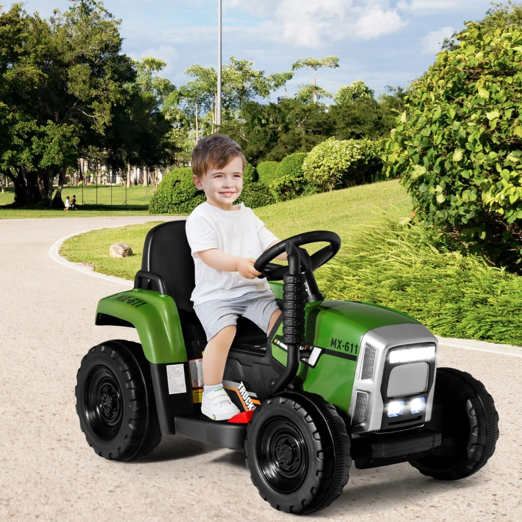 Trattore giocattolo elettrico con 3 marce luci led musica clacson, Trattore con rimorchio 12 v per bambini Verde scuro-Macchinine giocattoli