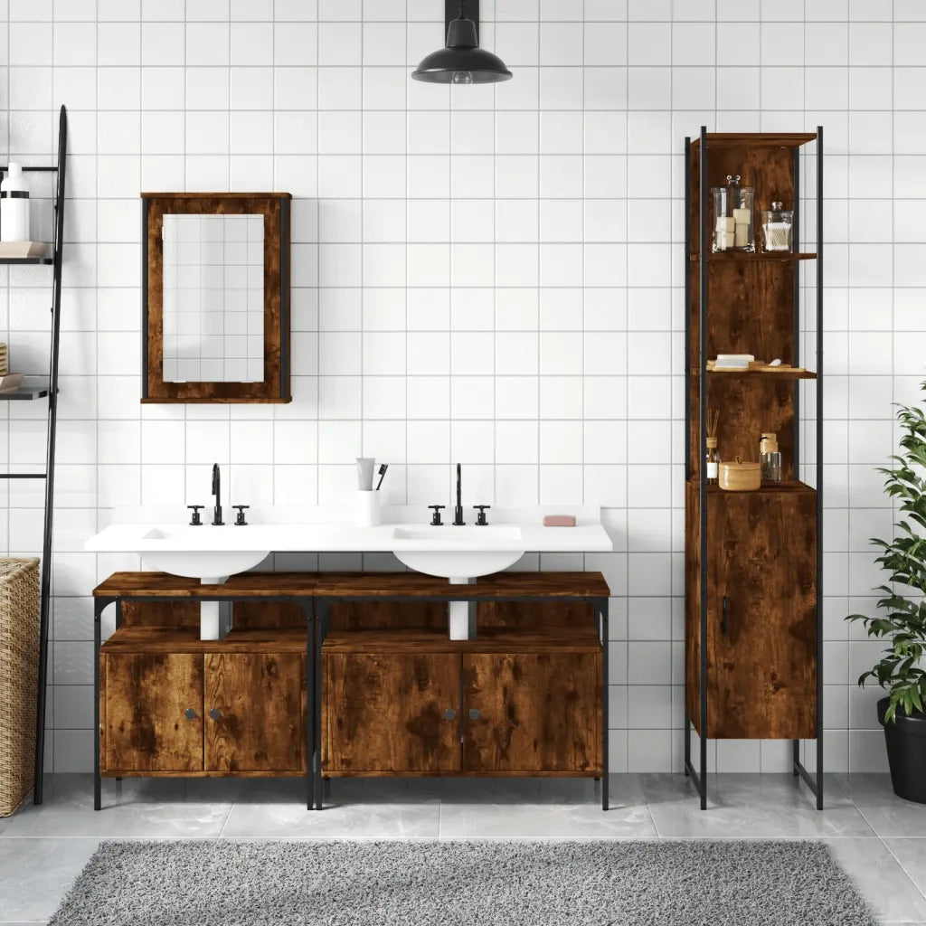 Set Mobili da Bagno 4 pz Rovere Fumo in Legno Multistrato