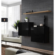 Set di mobili da salotto SWITCH SBI design, colore nero lucido e scaffale in rovere Wotan.