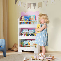 Libreria per Bambini 55x15x110 cm a Forma di Orsetto a 3 Ripiani con Barriere Frontali in MDF e Legno Rosa