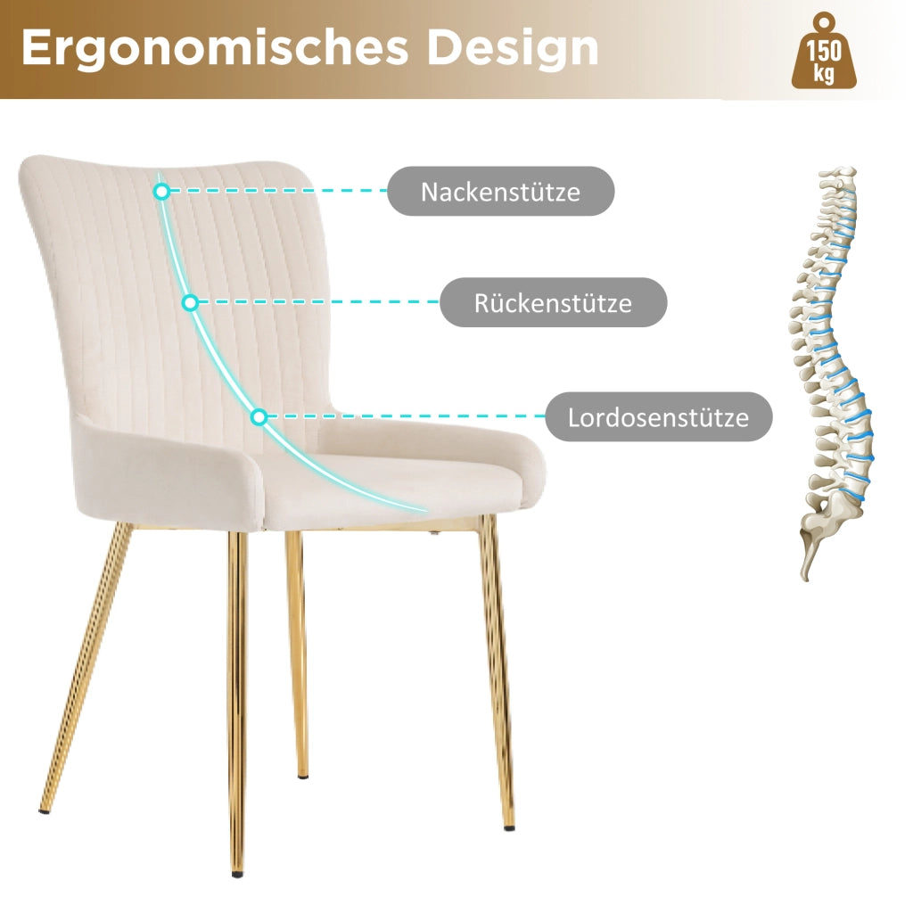 Sedie da pranzo, 4 pezzi in velluto beige con supporto lombare e gambe in metallo dorato