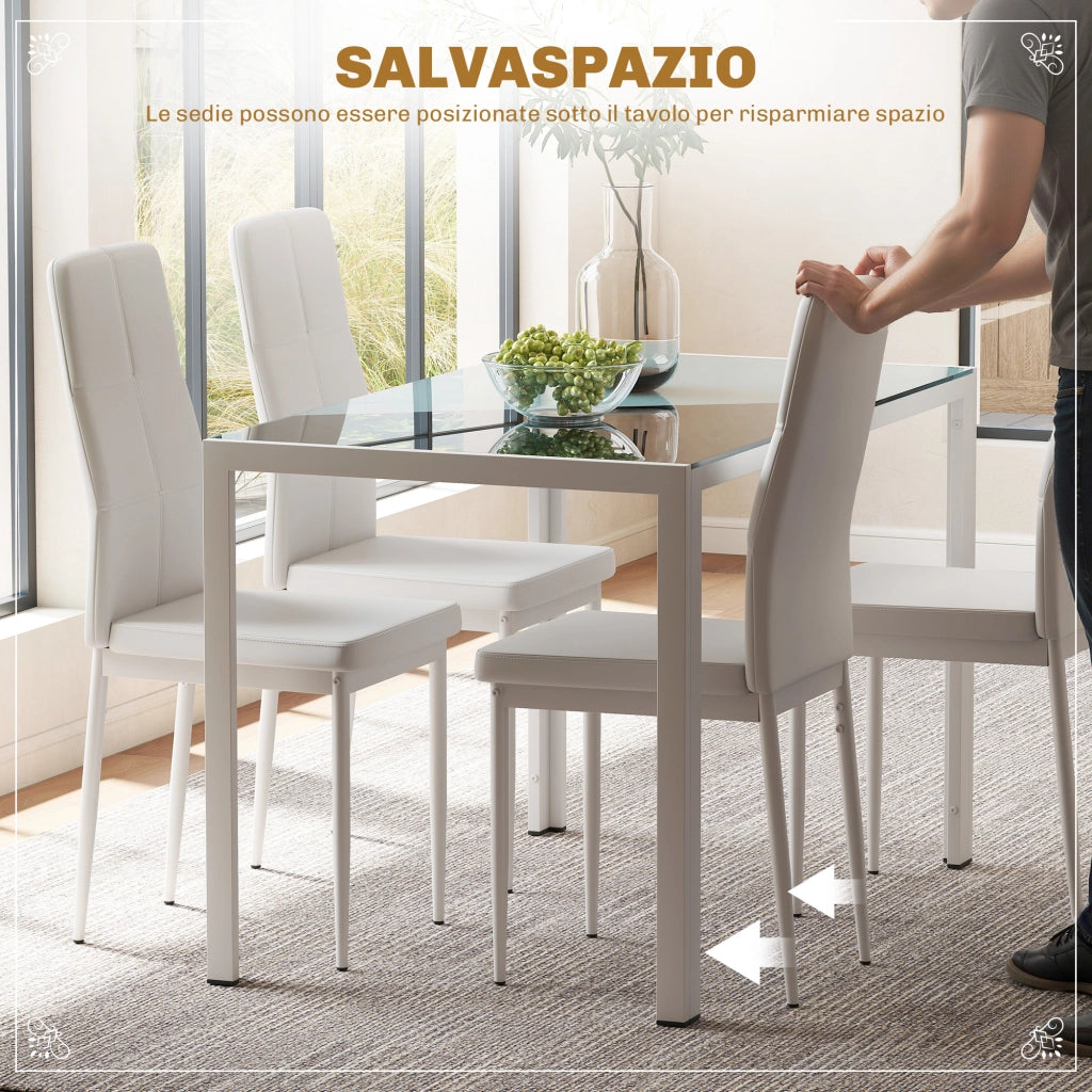 Set 5 Pezzi con 1 Tavolo e 4 Sedie per Cucina o Sala da Pranzo in Finta Pelle, Metallo e Vetro Temperato, Bianco