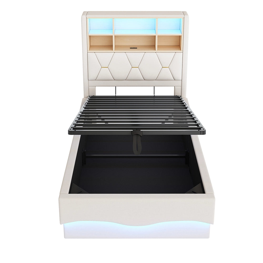 Letto bambino-Xylo-90x200 cm-LED app, USB, metallo, lino beige
