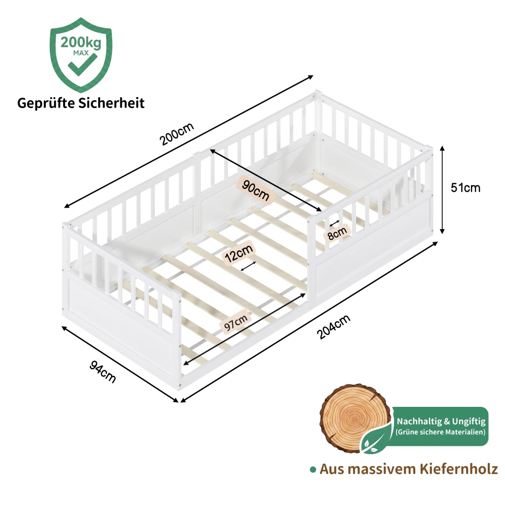 Letto per bambini, 90 x 200 cm, struttura in legno massello, sponde di sicurezza, bianco