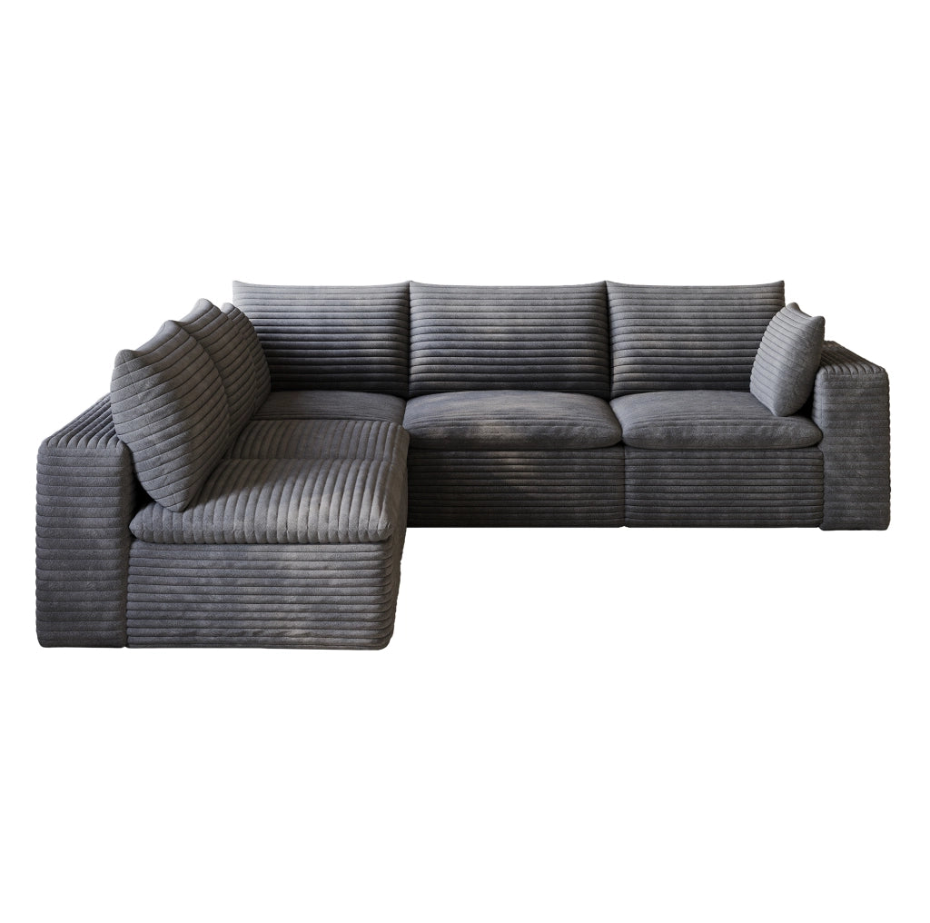 Divano modulare in tessuto grigio scuro con imbottitura in schiuma e design componibile