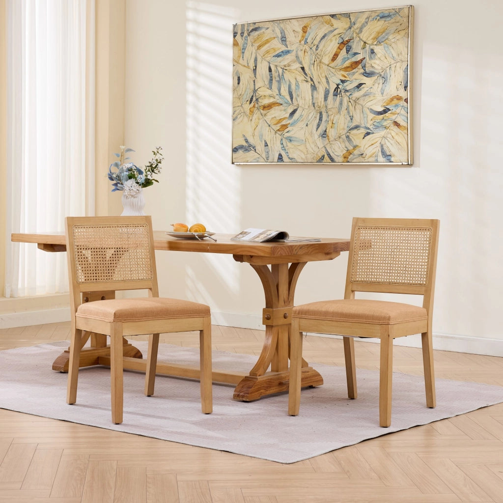 Set di 2 sedie da pranzo, schienale in vimini, stile rustico, struttura in legno, seduta imbottita, color legno naturale e marrone chiaro