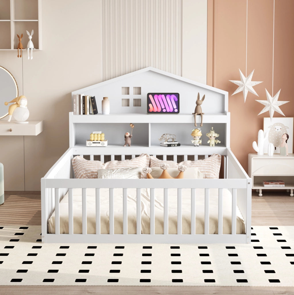 Lettino per bambini a forma di casa 140x200 cm in legno massello; bianco