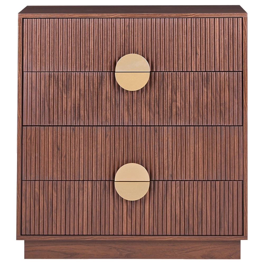 Comodino a 4 cassetti in MDF con frontale a doghe e maniglie in metallo Salotto camera da letto contenitori moderni