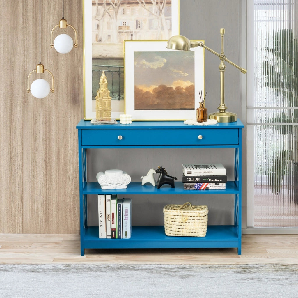 Tavolo da ingresso per salone e corridoio con 1 cassetto e 2 mensole, Tavolino da parete con 3 livelli Blu-Consolle