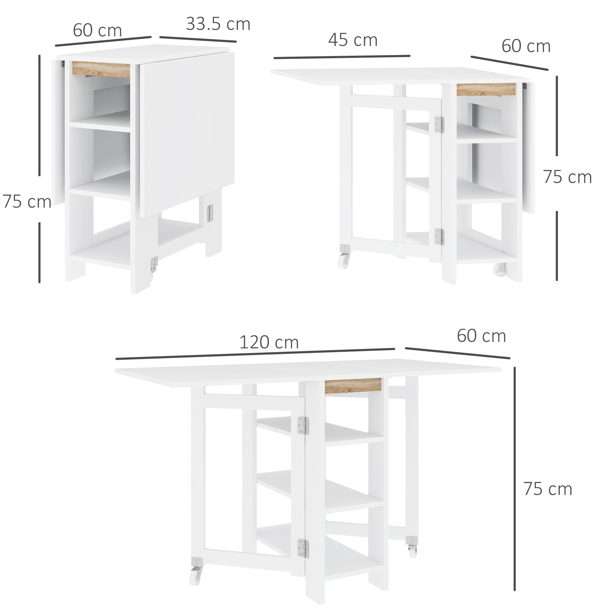 Tavolo Pieghevole da Pranzo 120x60x75 cm con 2 Ribalte e Ripiani in Truciolato Bianco
