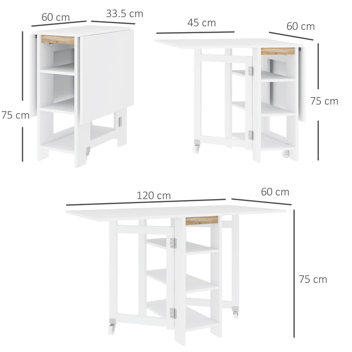 Tavolo Pieghevole da Pranzo 120x60x75 cm con 2 Ribalte e Ripiani in Truciolato Bianco