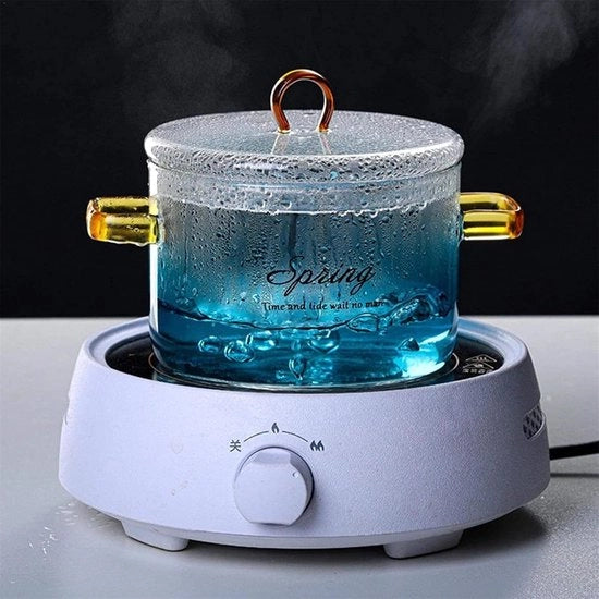 Pentola in vetro resistente al calore, 900 ml, con coperchio e maniglie, pentola a vapore di vetro