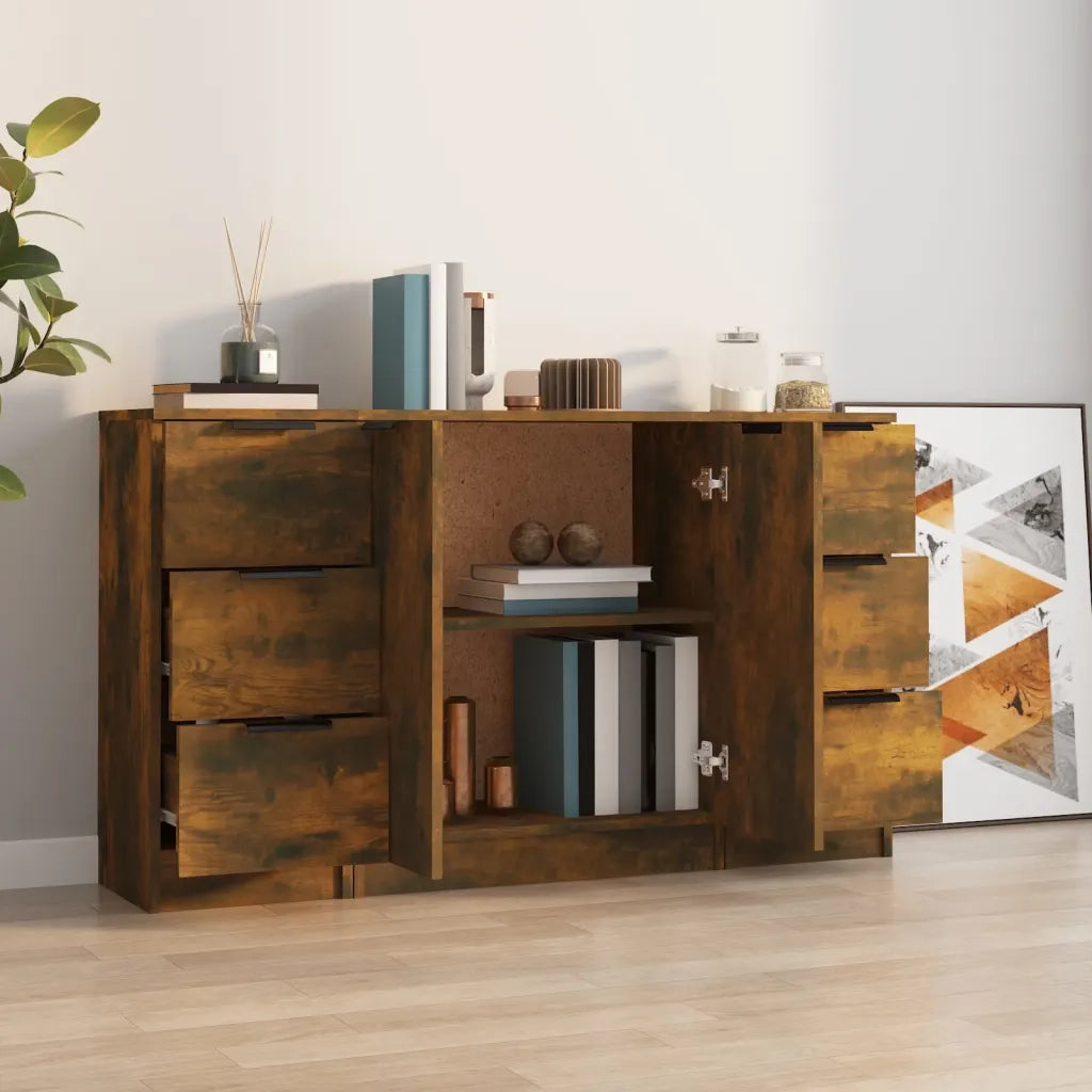 Credenze 3 pz | Madia | Buffet da pranzo | Armadio da pranzo Rovere Fumo in Legno Multistrato