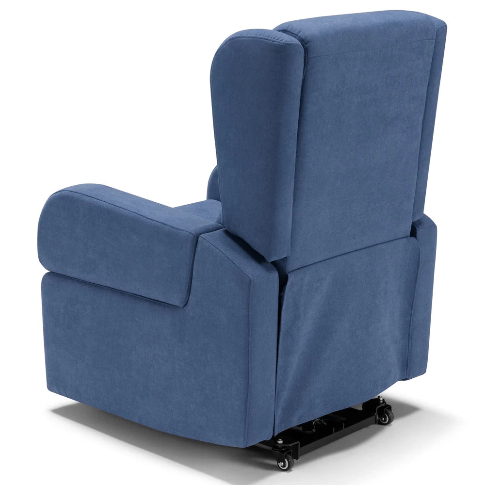Poltrona relax elettrica Bilbao per anziani, 2 motori, 2 ruote, reclinazione e alzapersona, Tavolino di Servizio, braccioli estrabili, doppia pediera, colore Blu