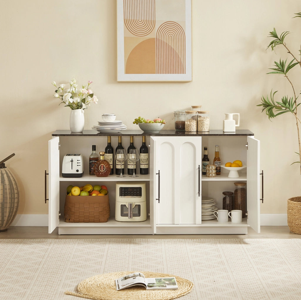 Sideboard con 4 porte, chiusura ammortizzata e fissaggio anticaduta, 160 cm, bianco e nero