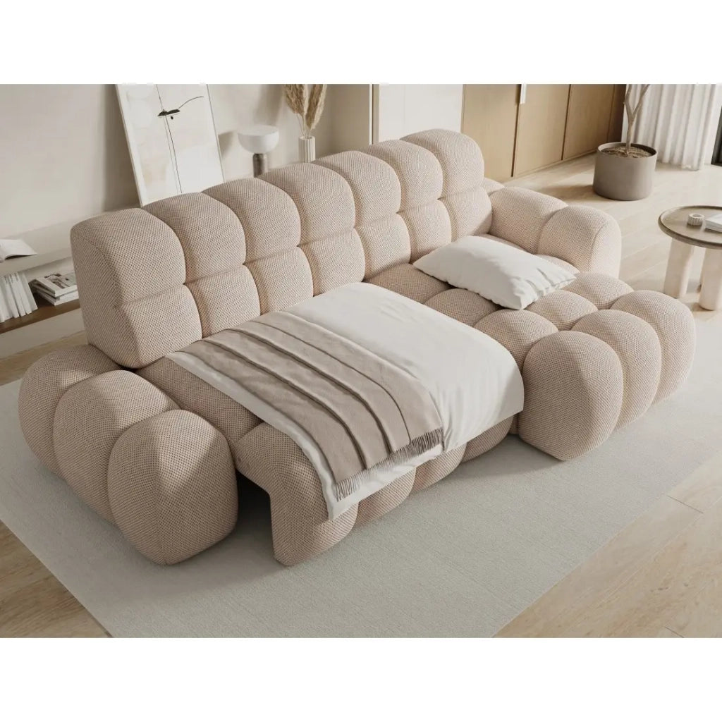 Divano ad angolo convertibile BULLA 3 posti beige angolo destro - tessuto a nido d'ape con estensione seduta elettrica