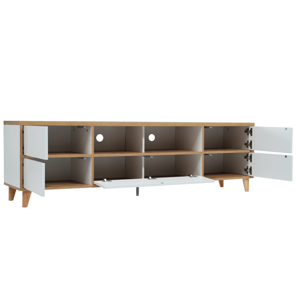 Mobile porta TV moderno con 4 vani e 4 ante in MDF bianco e legno per soggiorno 175 × 37 × 51 cm